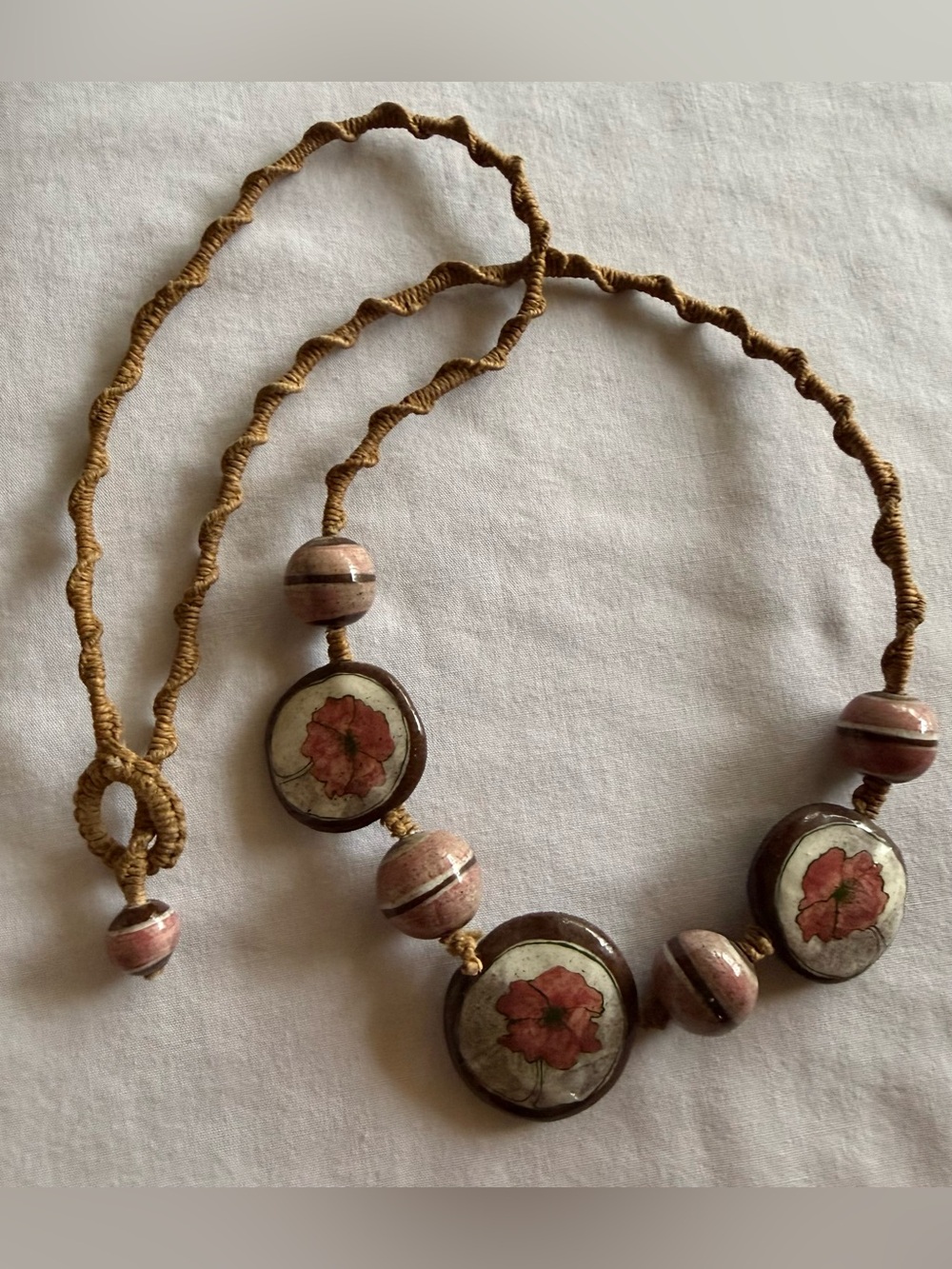 Handcrafted Floral Pendant Necklace in Brown and Pink